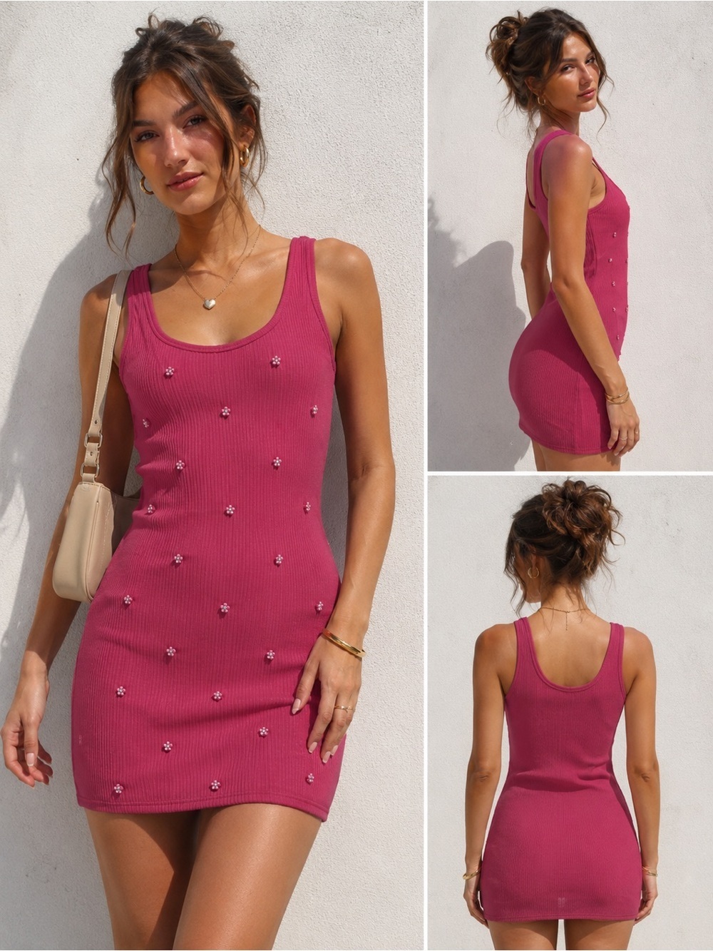 NWT Zara Pink Embellished Sleeveless Tank Top Dress Floral Bodycon L
